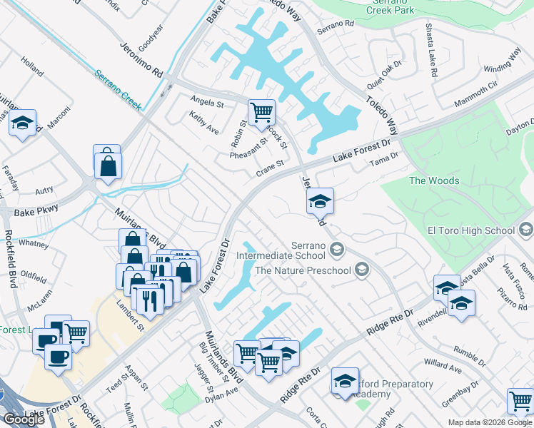 map of restaurants, bars, coffee shops, grocery stores, and more near 22392 Woodgrove Road in Lake Forest