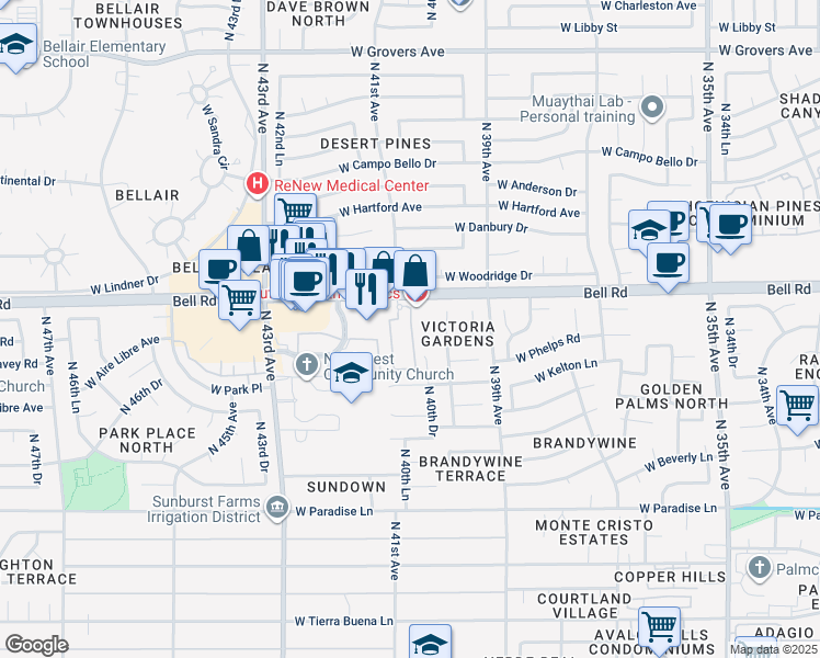 map of restaurants, bars, coffee shops, grocery stores, and more near 4045 West Bell Road in Phoenix