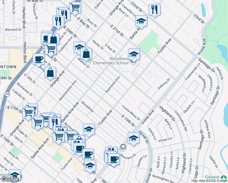 map of restaurants, bars, coffee shops, grocery stores, and more near 365 Walnut Street in Costa Mesa