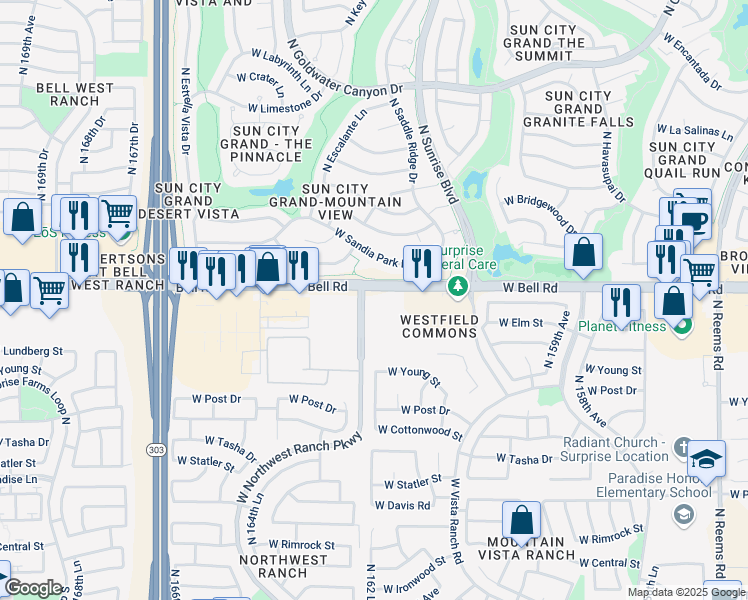 map of restaurants, bars, coffee shops, grocery stores, and more near 16247 West Bell Road in Surprise