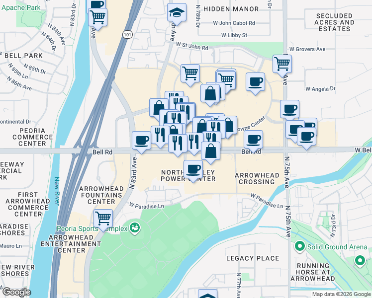 map of restaurants, bars, coffee shops, grocery stores, and more near W Bell Rd & N 79th Ave in Glendale