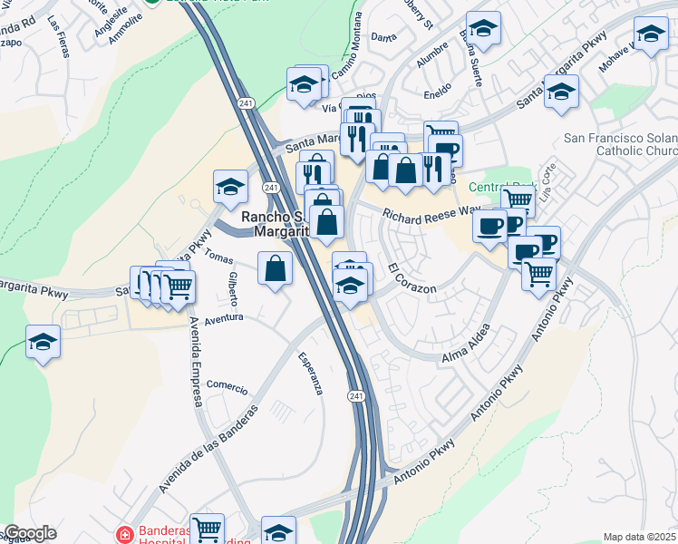 map of restaurants, bars, coffee shops, grocery stores, and more near in Rancho Santa Margarita