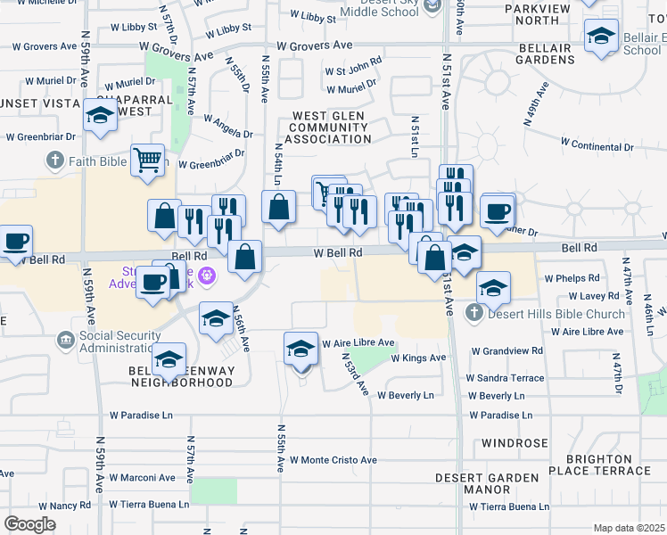 map of restaurants, bars, coffee shops, grocery stores, and more near 5350 West Bell Road in Glendale