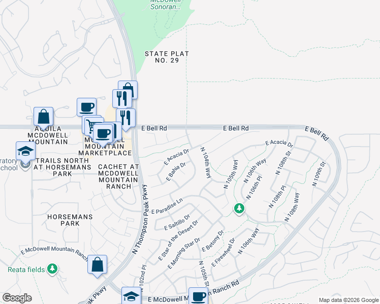 map of restaurants, bars, coffee shops, grocery stores, and more near 10383 East Verbena Lane in Scottsdale