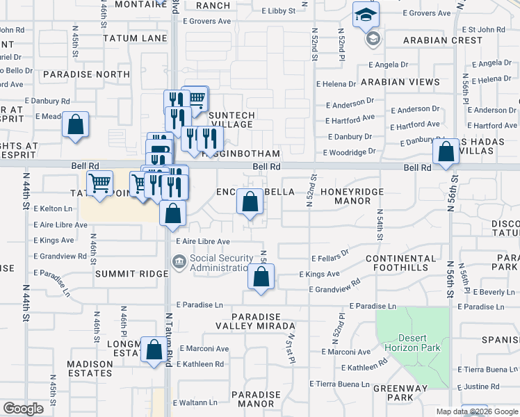 map of restaurants, bars, coffee shops, grocery stores, and more near 16814 North 50th Way in Scottsdale