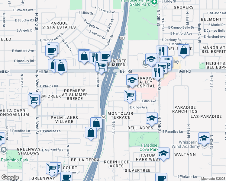 map of restaurants, bars, coffee shops, grocery stores, and more near 16810 North 38th Drive in Phoenix