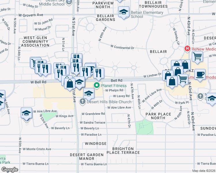 map of restaurants, bars, coffee shops, grocery stores, and more near 4818 West Juniper Avenue in Glendale