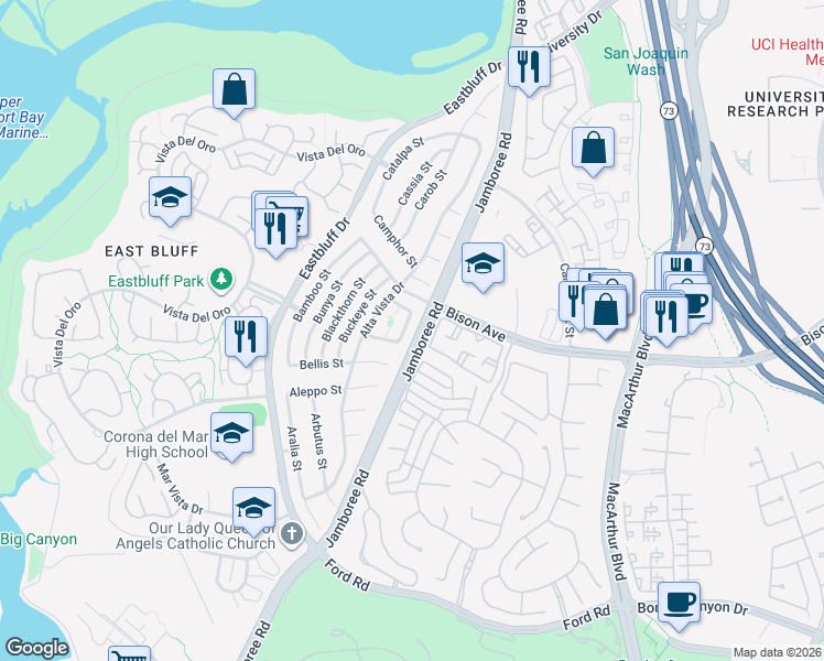 map of restaurants, bars, coffee shops, grocery stores, and more near 2681 Basswood Street in Newport Beach