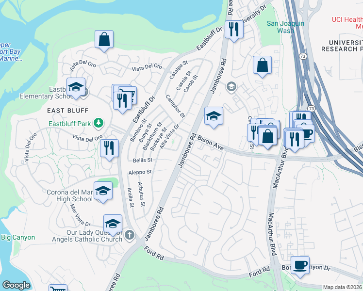 map of restaurants, bars, coffee shops, grocery stores, and more near 2681 Basswood Street in Newport Beach