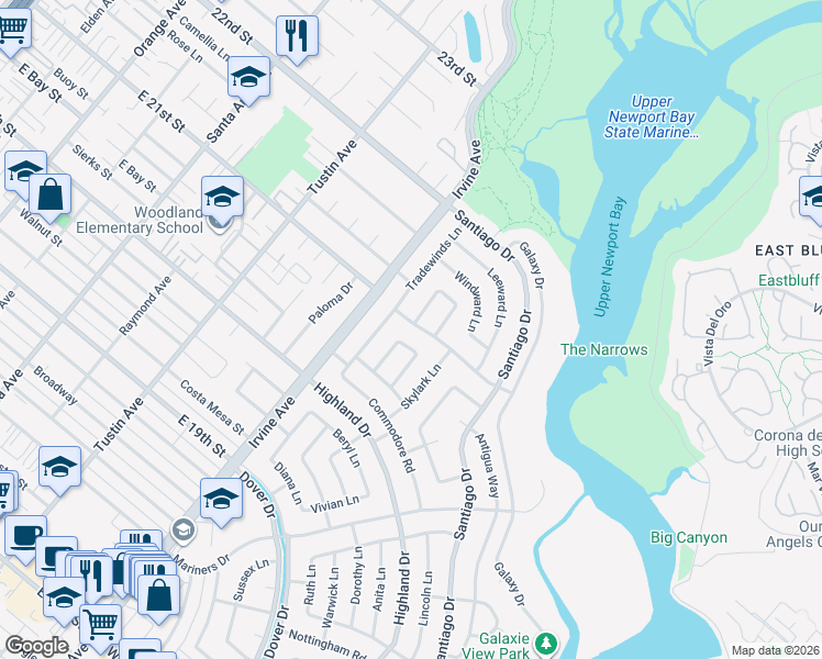 map of restaurants, bars, coffee shops, grocery stores, and more near 1814 Toyon Lane in Newport Beach