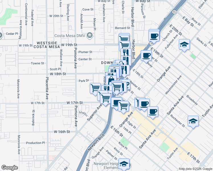 map of restaurants, bars, coffee shops, grocery stores, and more near 582 Park Place in Costa Mesa