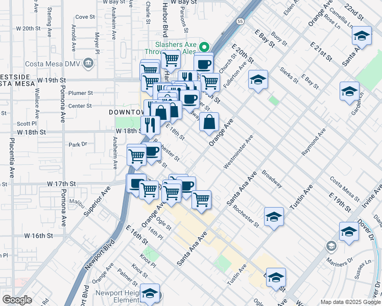 map of restaurants, bars, coffee shops, grocery stores, and more near 178 East 18th Street in Costa Mesa