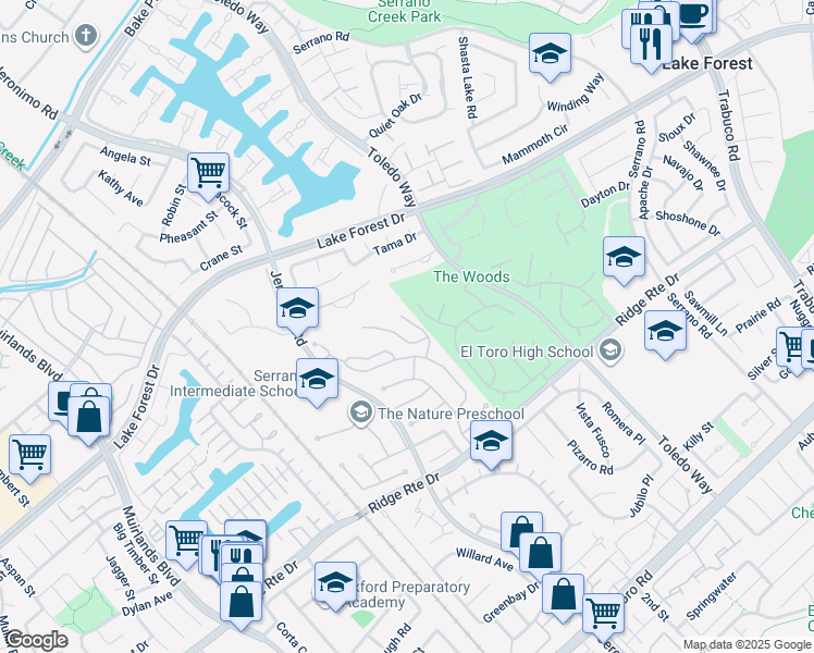 map of restaurants, bars, coffee shops, grocery stores, and more near 24802 Forest Knoll Lane in Lake Forest