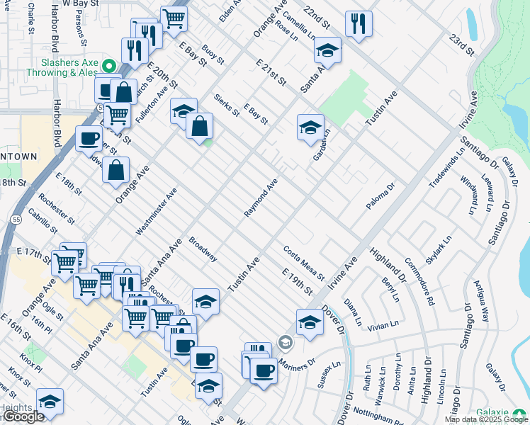 map of restaurants, bars, coffee shops, grocery stores, and more near 365 Walnut Street in Costa Mesa