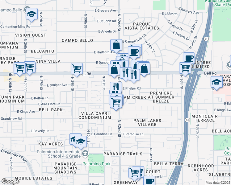 map of restaurants, bars, coffee shops, grocery stores, and more near 16666 North 32nd Street in Phoenix