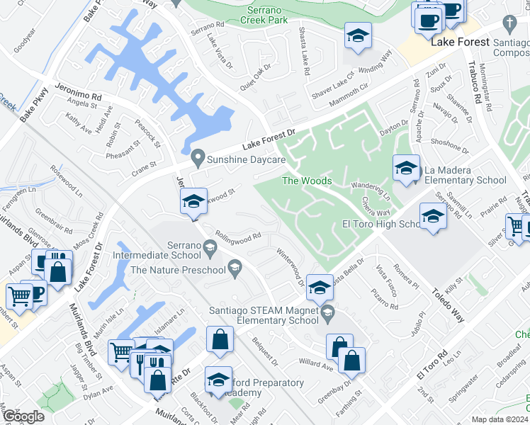 map of restaurants, bars, coffee shops, grocery stores, and more near 24802 Forest Knoll Lane in Lake Forest