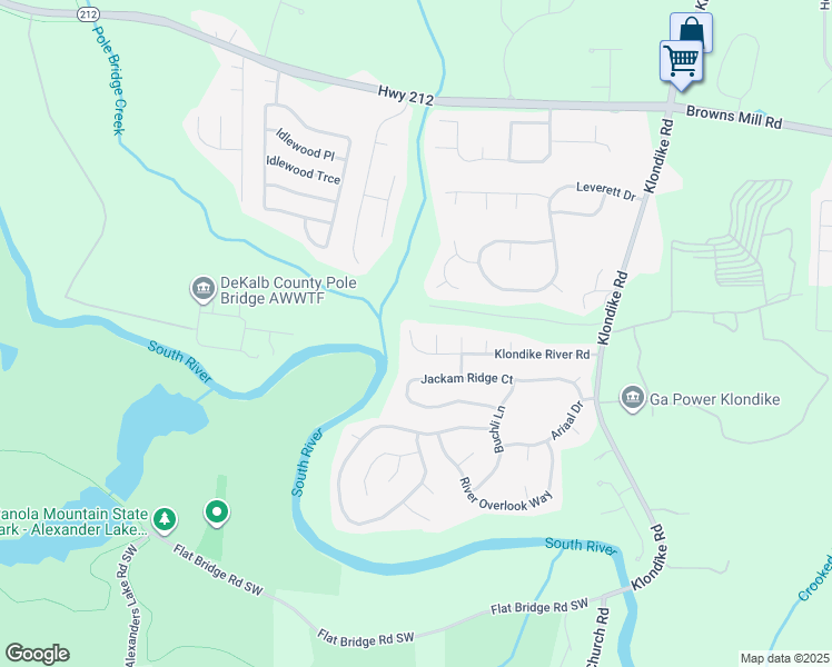 map of restaurants, bars, coffee shops, grocery stores, and more near 6200 Klondike River Road in Stonecrest