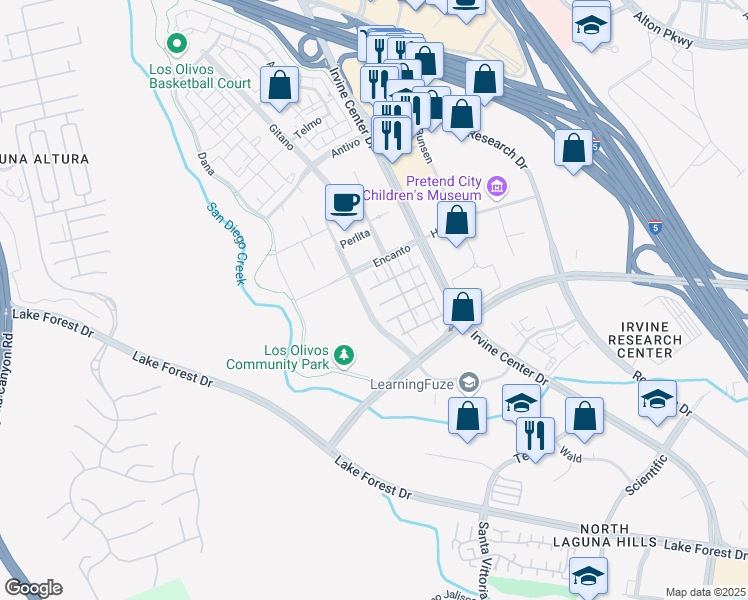 map of restaurants, bars, coffee shops, grocery stores, and more near 137 Montero in Irvine