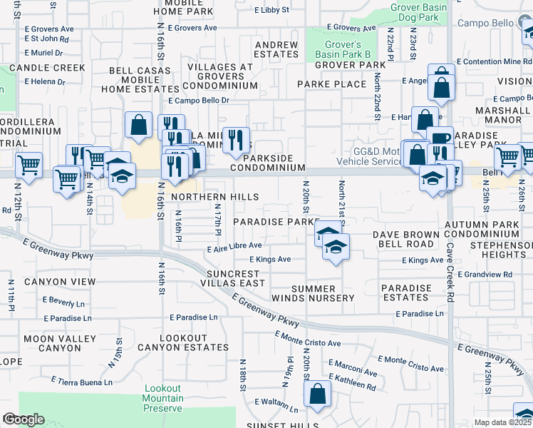 map of restaurants, bars, coffee shops, grocery stores, and more near 16656 North 19th Street in Phoenix