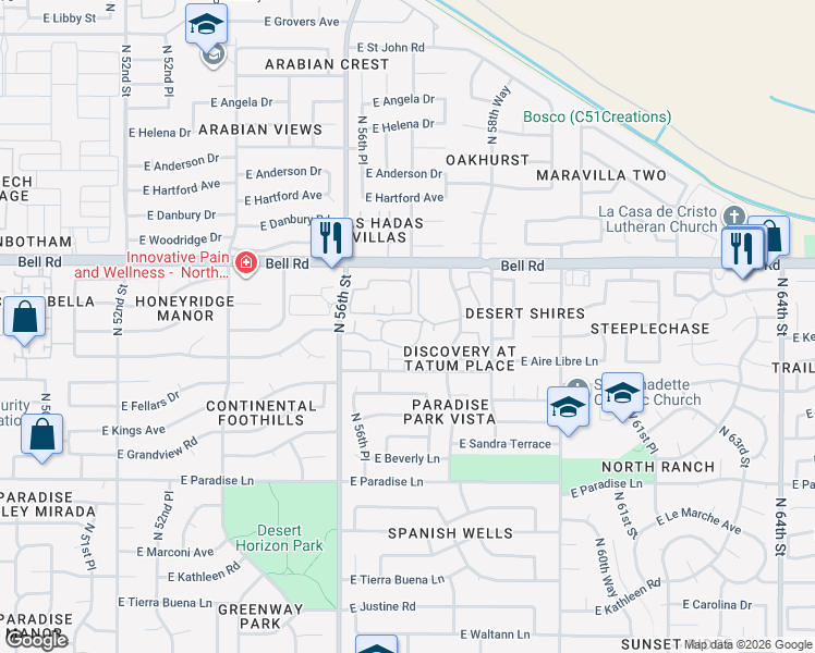 map of restaurants, bars, coffee shops, grocery stores, and more near 16636 North 58th Street in Scottsdale
