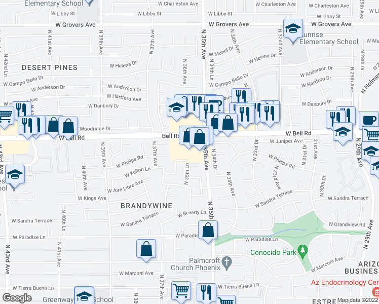 map of restaurants, bars, coffee shops, grocery stores, and more near 3539 West Bell Road in Phoenix