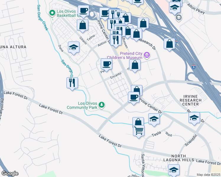 map of restaurants, bars, coffee shops, grocery stores, and more near 137 Montero in Irvine