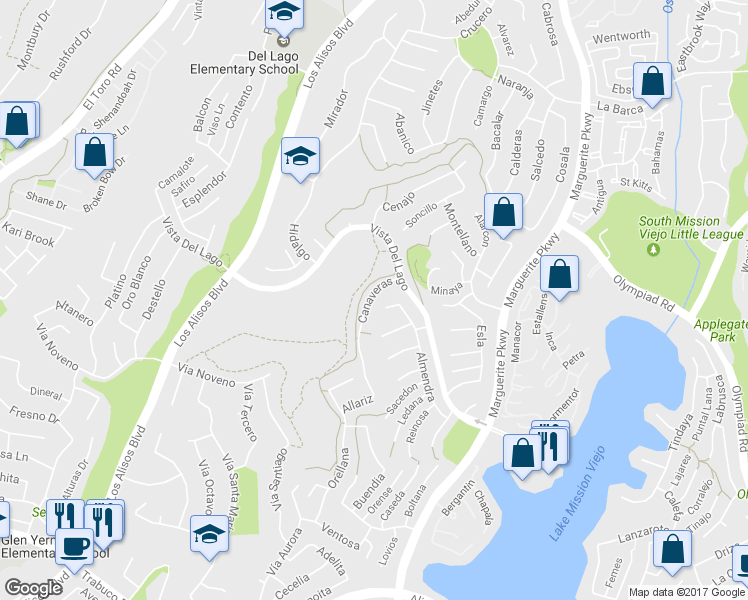 map of restaurants, bars, coffee shops, grocery stores, and more near 22332 Canaveras in Mission Viejo