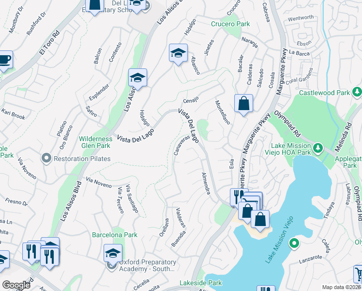 map of restaurants, bars, coffee shops, grocery stores, and more near 22332 Canaveras in Mission Viejo