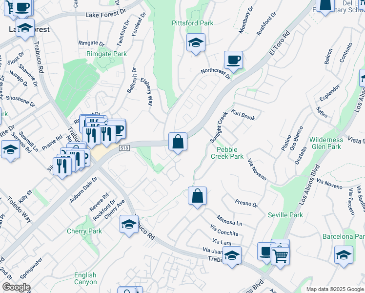 map of restaurants, bars, coffee shops, grocery stores, and more near 26253 Hillsford Place in Lake Forest