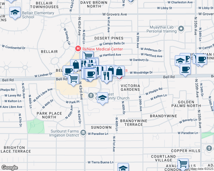 map of restaurants, bars, coffee shops, grocery stores, and more near 4139 West Bell Road in Phoenix