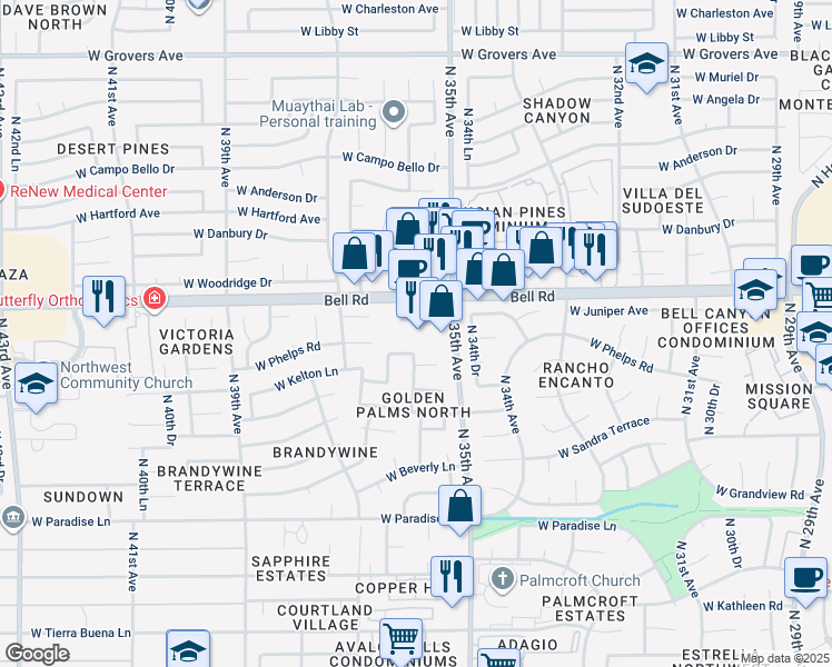 map of restaurants, bars, coffee shops, grocery stores, and more near 3539 West Bell Road in Phoenix