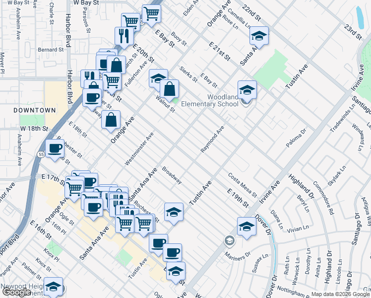 map of restaurants, bars, coffee shops, grocery stores, and more near 1918 Santa Ana Avenue in Costa Mesa