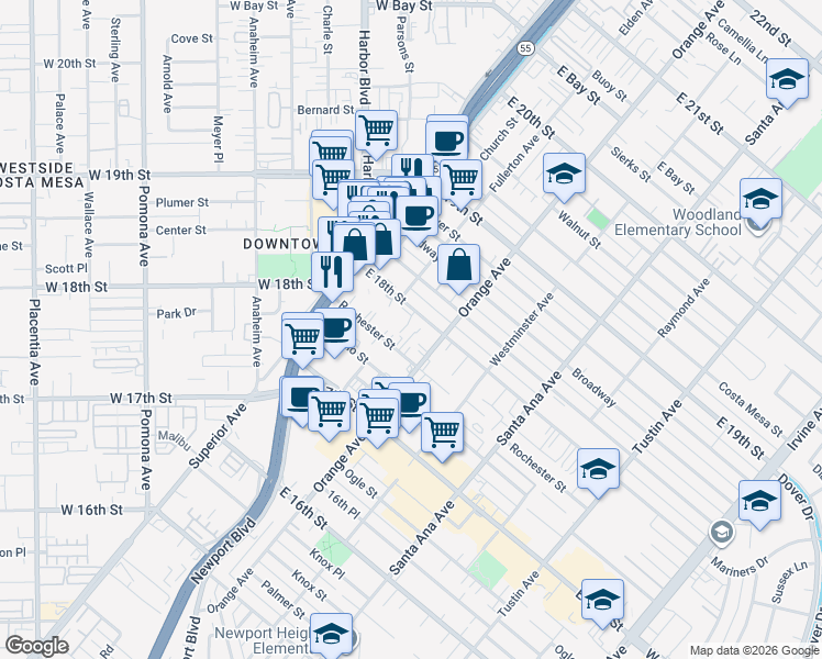 map of restaurants, bars, coffee shops, grocery stores, and more near 178 East 18th Street in Costa Mesa