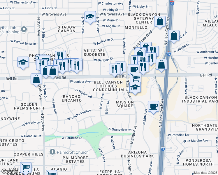map of restaurants, bars, coffee shops, grocery stores, and more near 16841 N 31st Ave in Phoenix