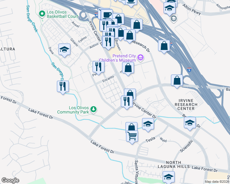 map of restaurants, bars, coffee shops, grocery stores, and more near 107 Montero in Irvine