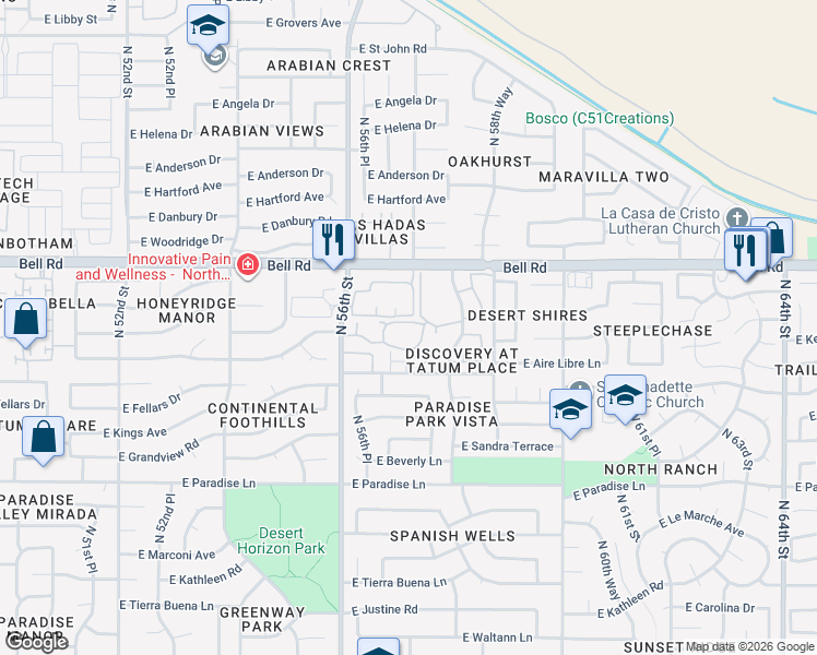 map of restaurants, bars, coffee shops, grocery stores, and more near 16636 North 58th Street in Scottsdale