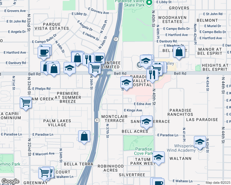 map of restaurants, bars, coffee shops, grocery stores, and more near 16810 North 38th Drive in Phoenix