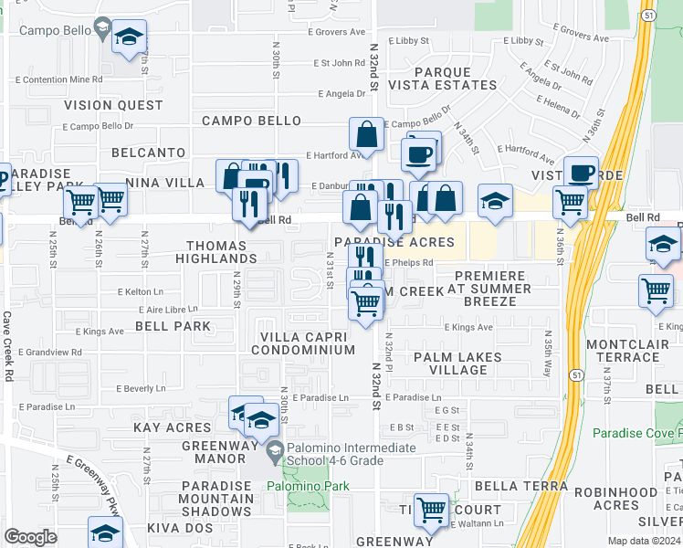 map of restaurants, bars, coffee shops, grocery stores, and more near 16801 North 31st Street in Phoenix