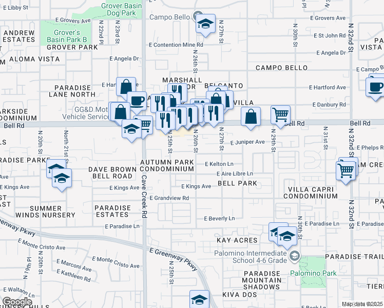 map of restaurants, bars, coffee shops, grocery stores, and more near 16629 North 25th Street in Phoenix