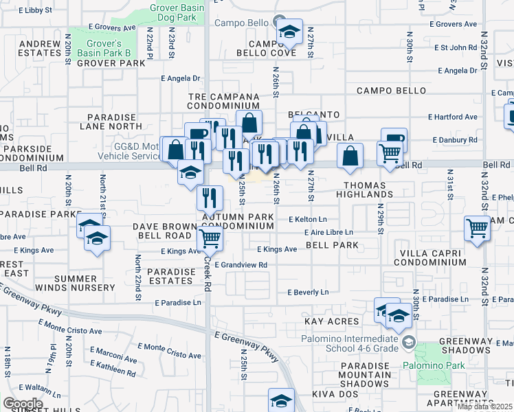 map of restaurants, bars, coffee shops, grocery stores, and more near 16629 North 25th Street in Phoenix