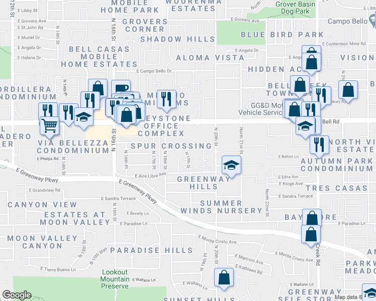 map of restaurants, bars, coffee shops, grocery stores, and more near 16656 North 19th Street in Phoenix