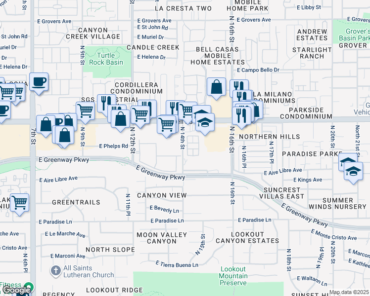 map of restaurants, bars, coffee shops, grocery stores, and more near in Phoenix