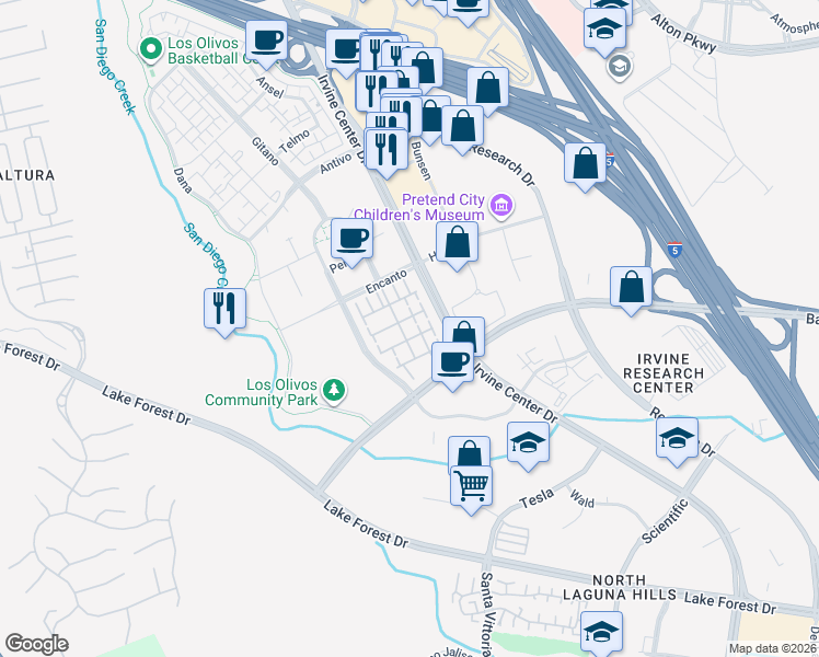 map of restaurants, bars, coffee shops, grocery stores, and more near 107 Montero in Irvine