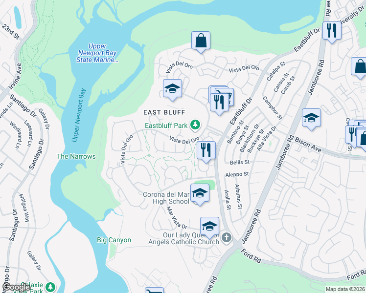 map of restaurants, bars, coffee shops, grocery stores, and more near 558 Glorieta in Newport Beach
