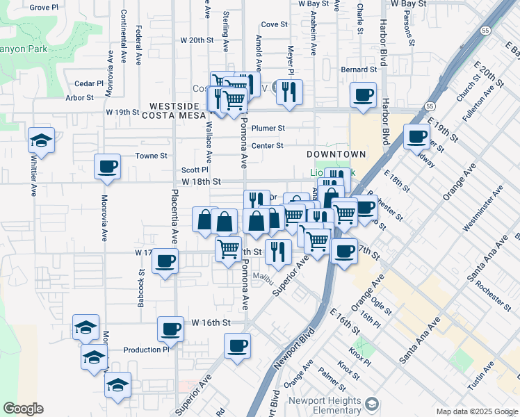 map of restaurants, bars, coffee shops, grocery stores, and more near 686 Park Drive in Costa Mesa