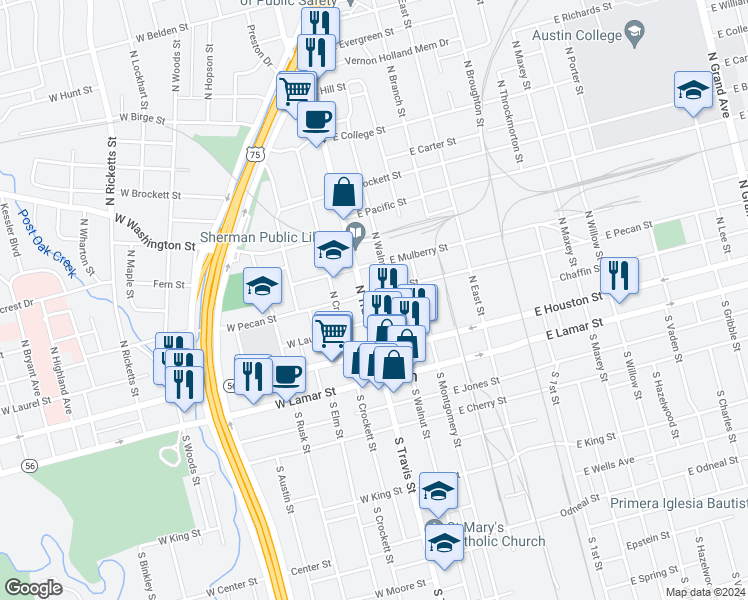 map of restaurants, bars, coffee shops, grocery stores, and more near 314 North Walnut Street in Sherman