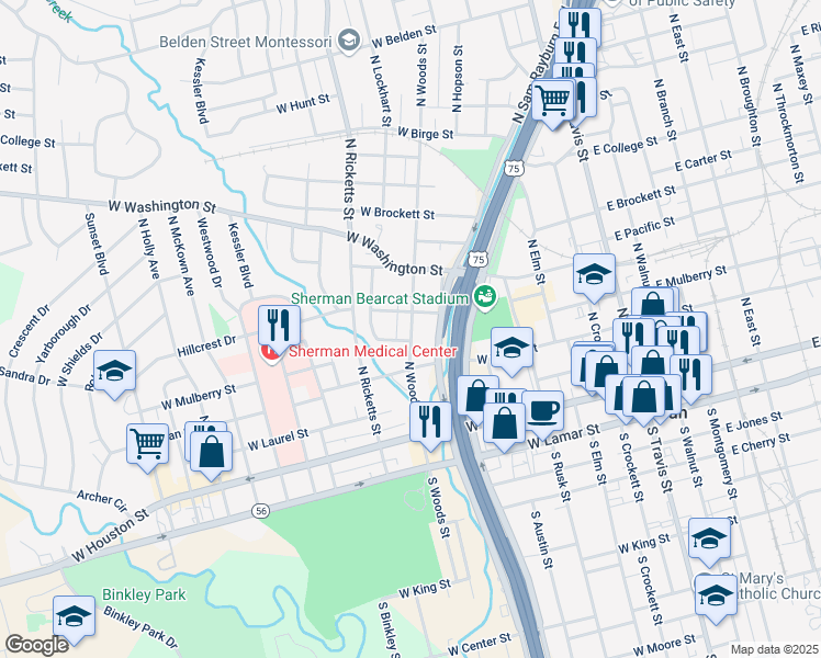 map of restaurants, bars, coffee shops, grocery stores, and more near 453 North Woods Street in Sherman