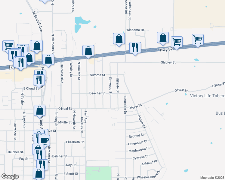 map of restaurants, bars, coffee shops, grocery stores, and more near 1210 Elmwood Street in Gainesville