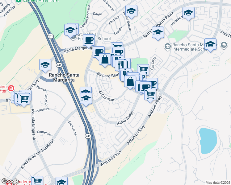 map of restaurants, bars, coffee shops, grocery stores, and more near 30751 El Corazon in Rancho Santa Margarita