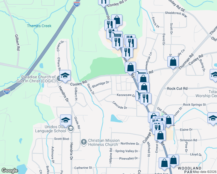 map of restaurants, bars, coffee shops, grocery stores, and more near 748 Lookout Drive in Forest Park